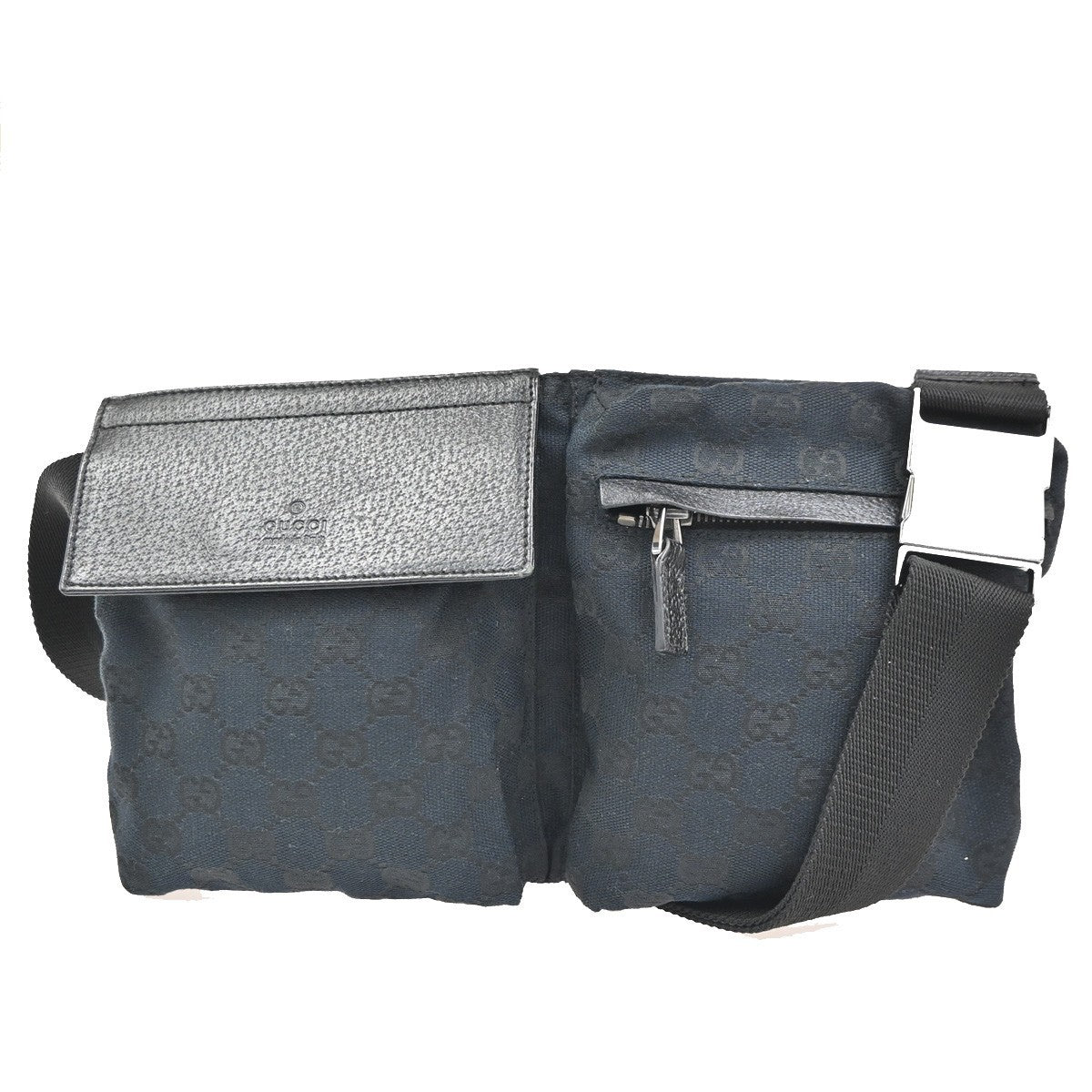 GUCCI Logo GG Pattern Mini Waist Belt Bag Canvas Leather Black SHW Italy 85ZA041