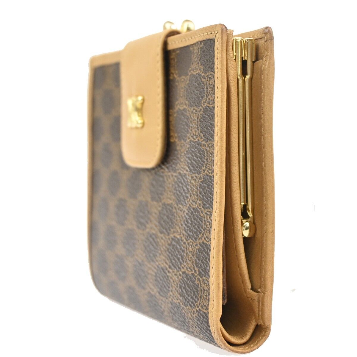 CELINE Logo Macadam Pattern Bifold Wallet PVC Leather Brown Italy 02EA884