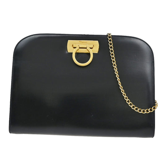 SALVATORE FERRAGAMO Gancini 2Way Chain Shoulder Clutch Bag Leather Blue 38YH750