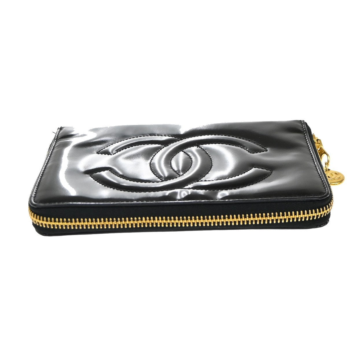 CHANEL CC Logo Zipper Around Wallet Patent Leather Black Italy Vintage 05EG064