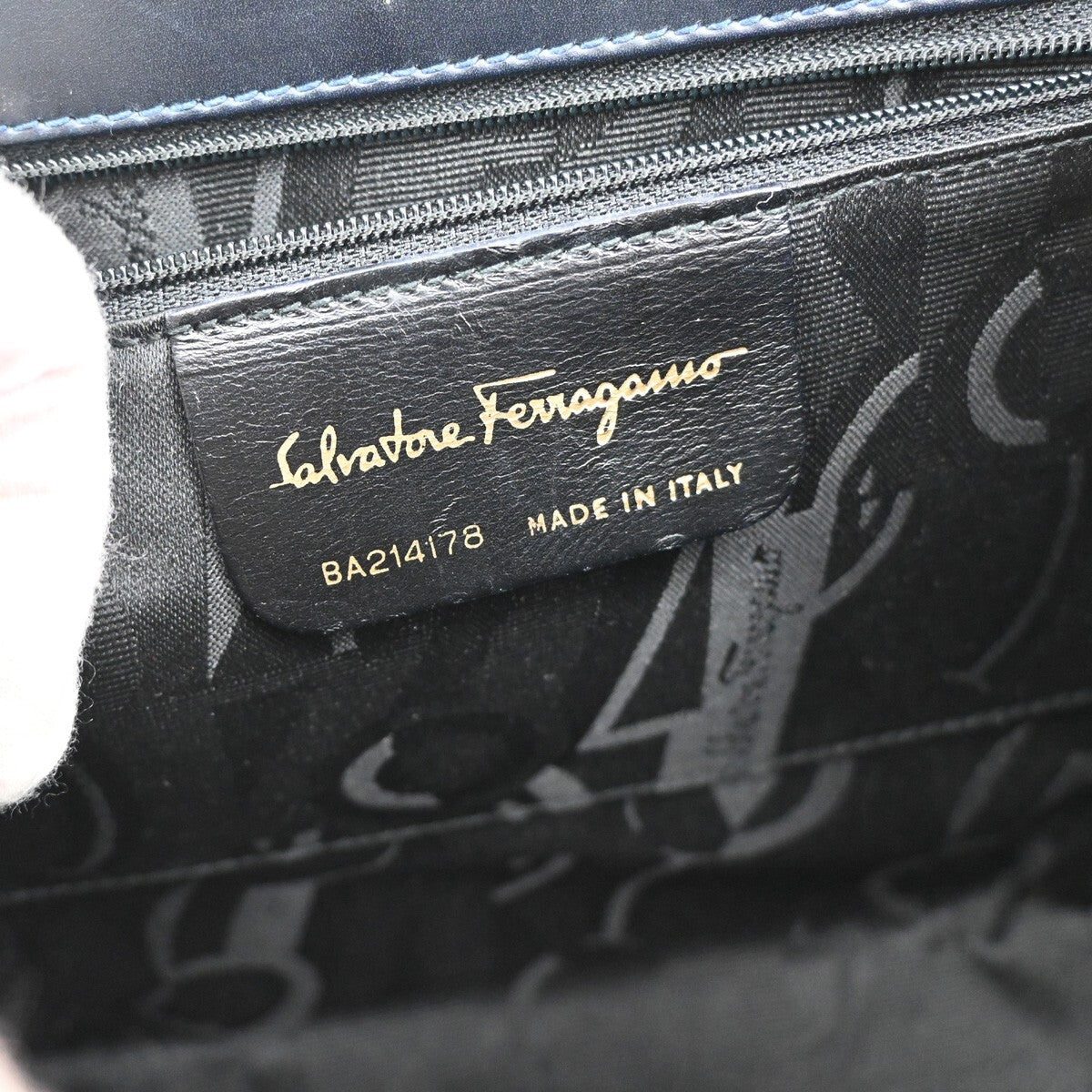 SALVATORE FERRAGAMO LOGO Vara 2Way Hand Bag Leather Canvas Navy Blue 65YH406