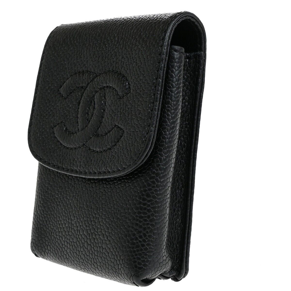 CHANEL CC Logo Cigarette Case Purse Caviar Leather Black Italy 61EB754