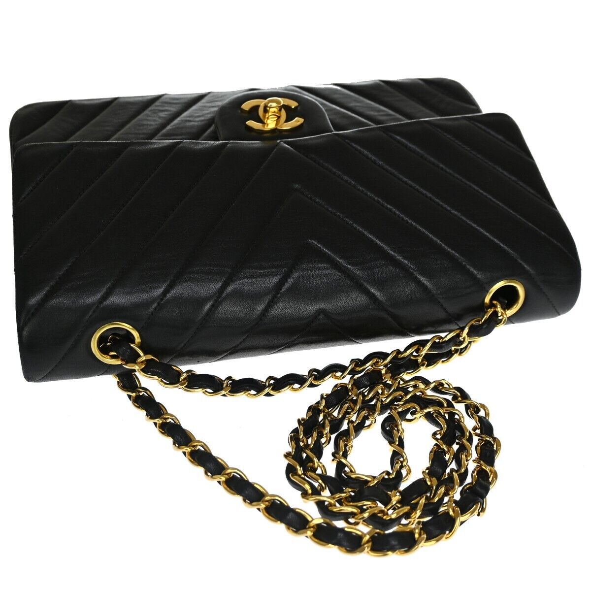 CHANEL CC Chevron Double Flap Chain Shoulder Bag Leather Black GHW VTG 153RJ052