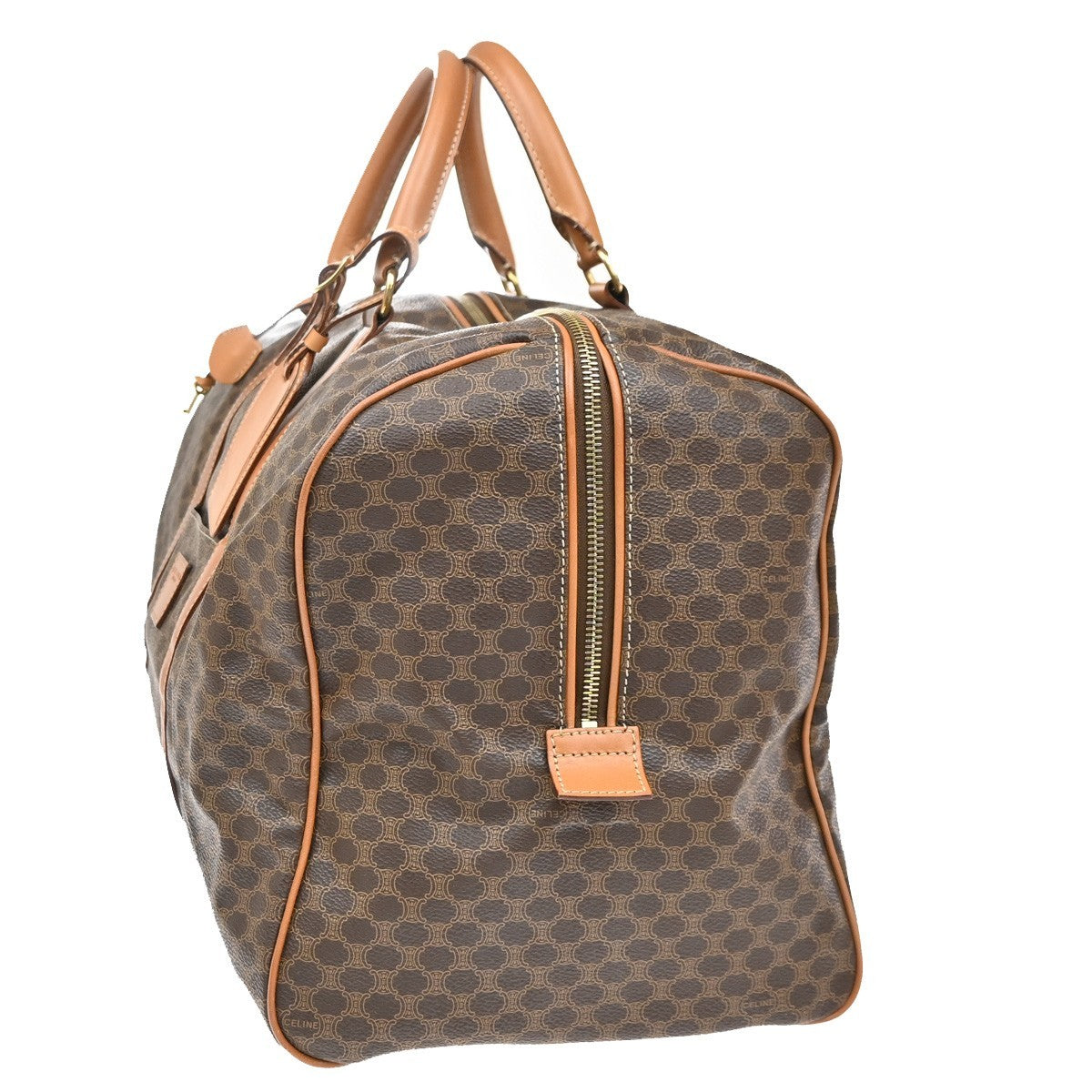 CELINE Logo Macadam Pattern Boston Hand Bag PVC Leather Brown GHW 30CA937