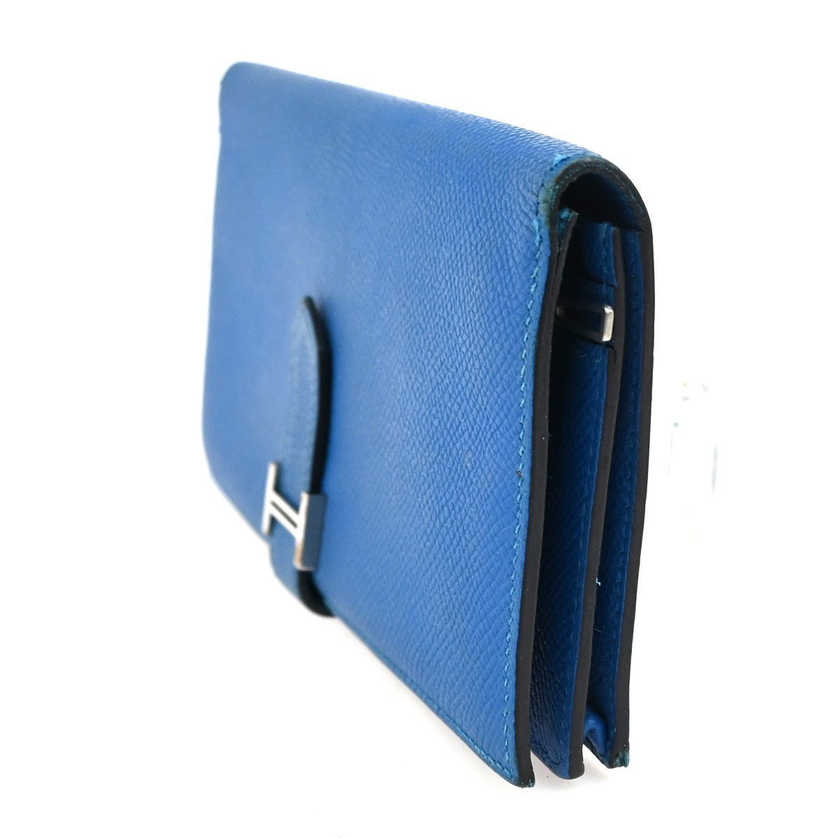 HERMES Logo Bearn Long Bifold Wallet Purse Epson Leather Blue SHW 65RQ023