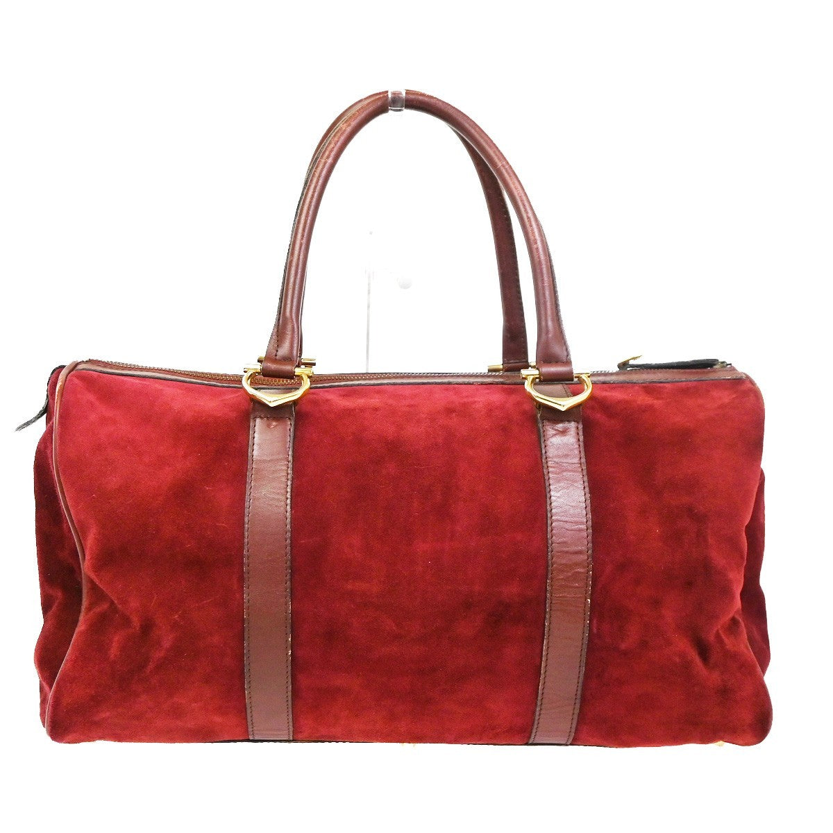 CARTIER Logo Boston Hand Bag Suede Leather Red Burgundy GHW 02CB004