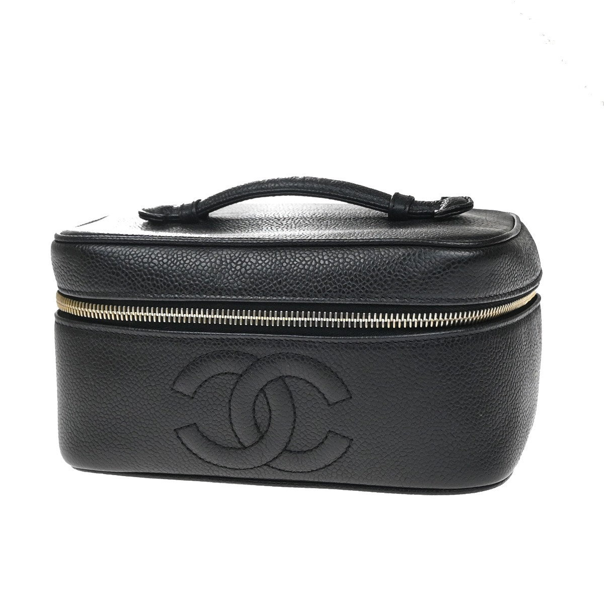 CHANEL CC Logo Vanity Hand Bag Grained Calfskin Leather Black GHW VTG 18RQ016