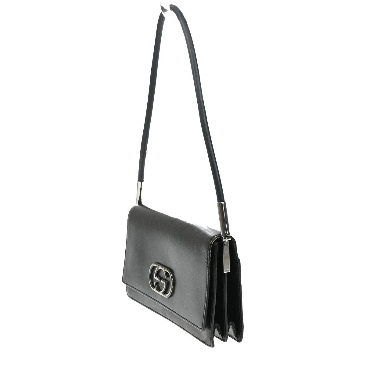 GUCCI Logo GG Shoulder Hand Bag Leather Black SHW Italy 66YJ174