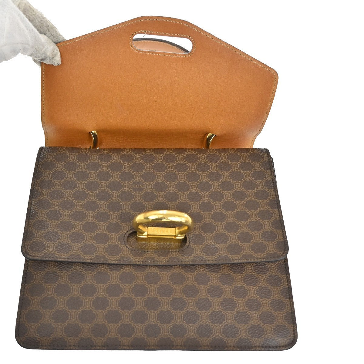 CELINE Logo Macadam Double flap Hand Bag PVC Leather Brown GHW Italy 34MA096