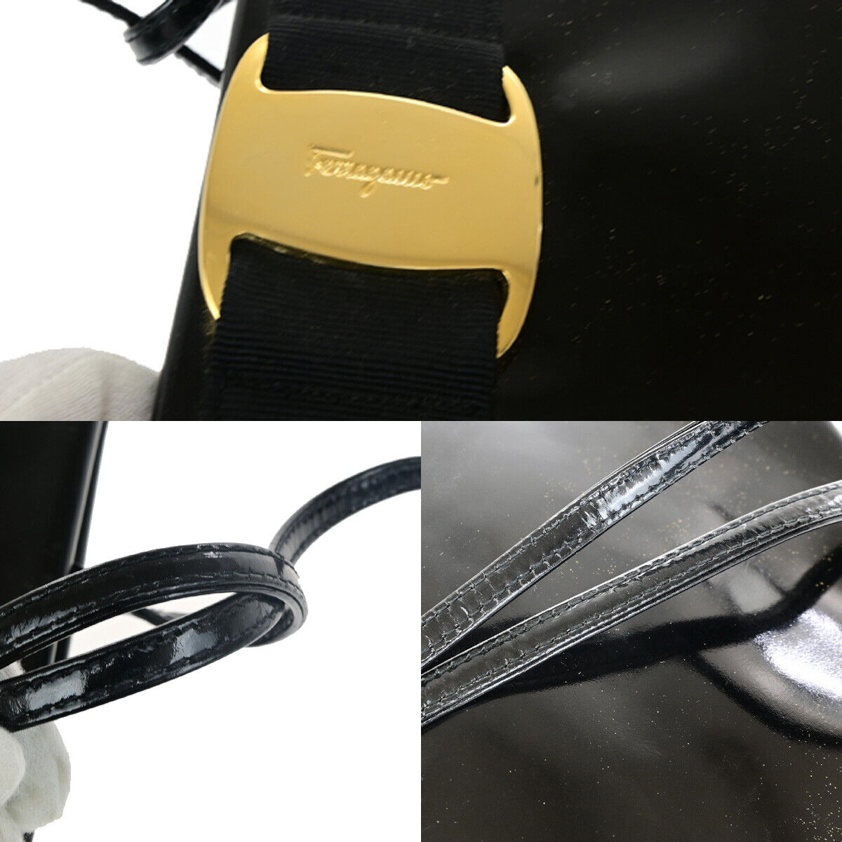 SALVATORE FERRAGAMO Vara 2Way Shoulder Clutch Bag Patent Leather BK GHW 07YF353