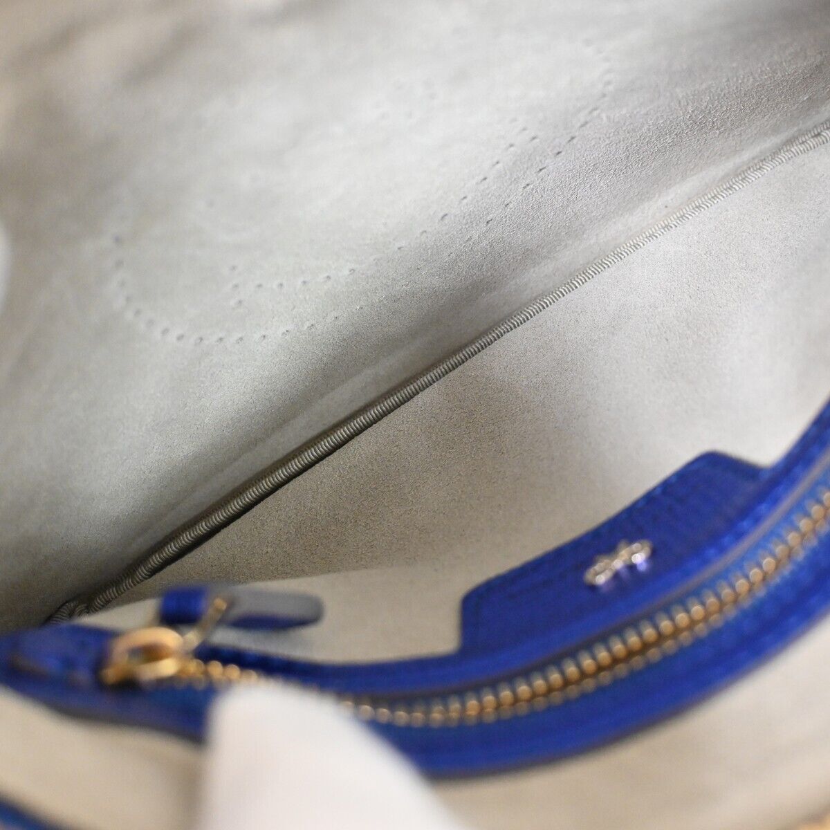 ANYA HINDMARCH Logo Smiley Wink Fringe Mini Clutch Hand Bag Leather Blue 02HB219