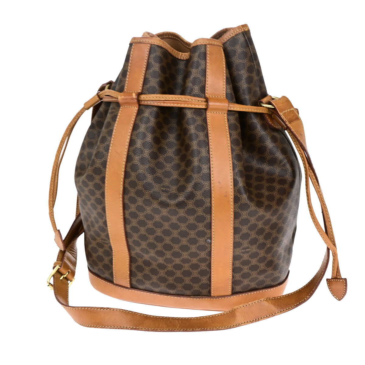 CELINE Logo Macadam Pattern Drawstring Shoulder Bag PVC Leather Brown 66YF091