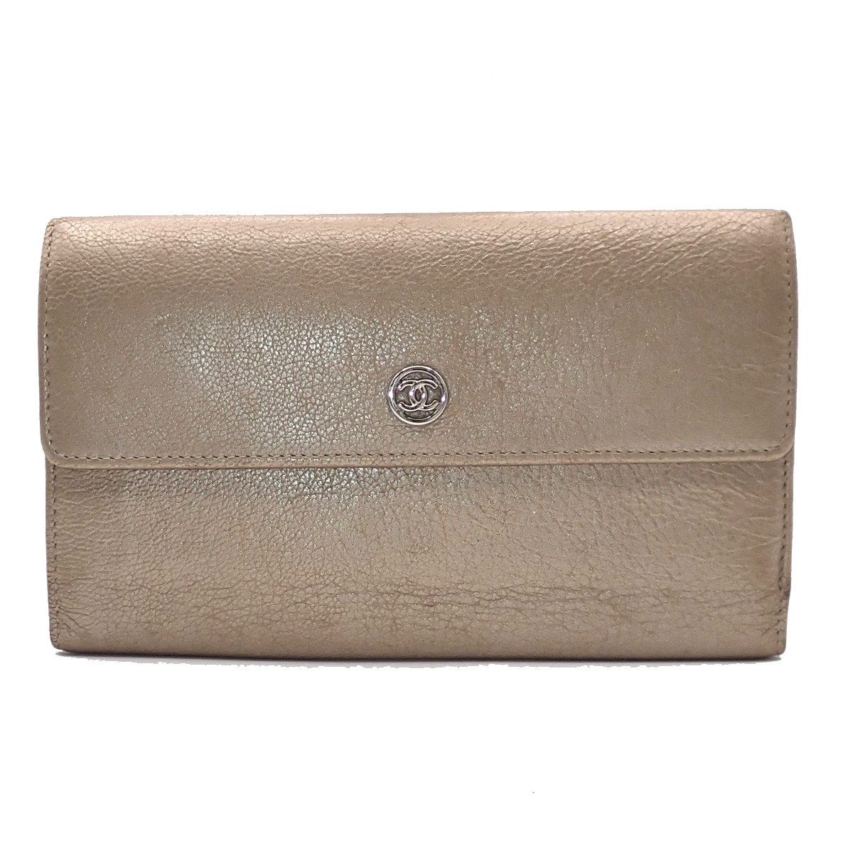 CHANEL CC Logo Trifold Long Wallet Purse Leather Gold Italy 33RL254