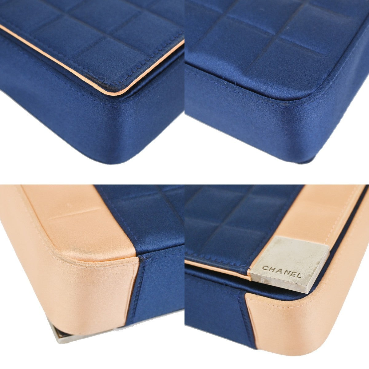 CHANEL Chocolate Bar Chain Shoulder Bag Satin Leather Blue SHW Italy 50RQ027