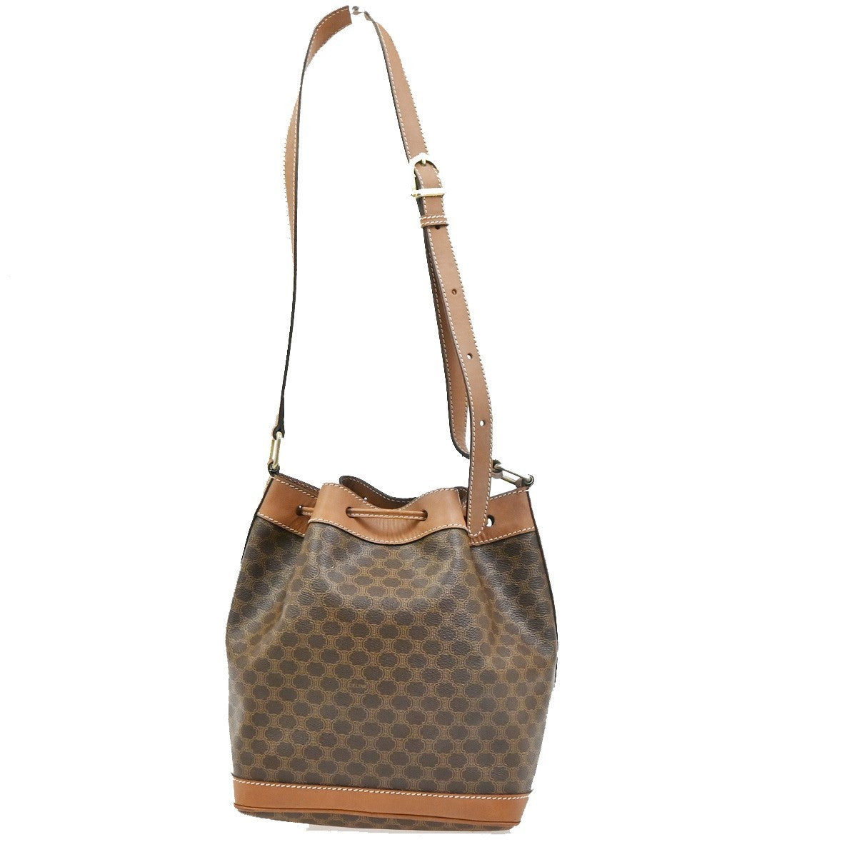 CELINE Macadam Pattern Drawstring Shoulder Bag PVC Leather Brown GHW 66CA994
