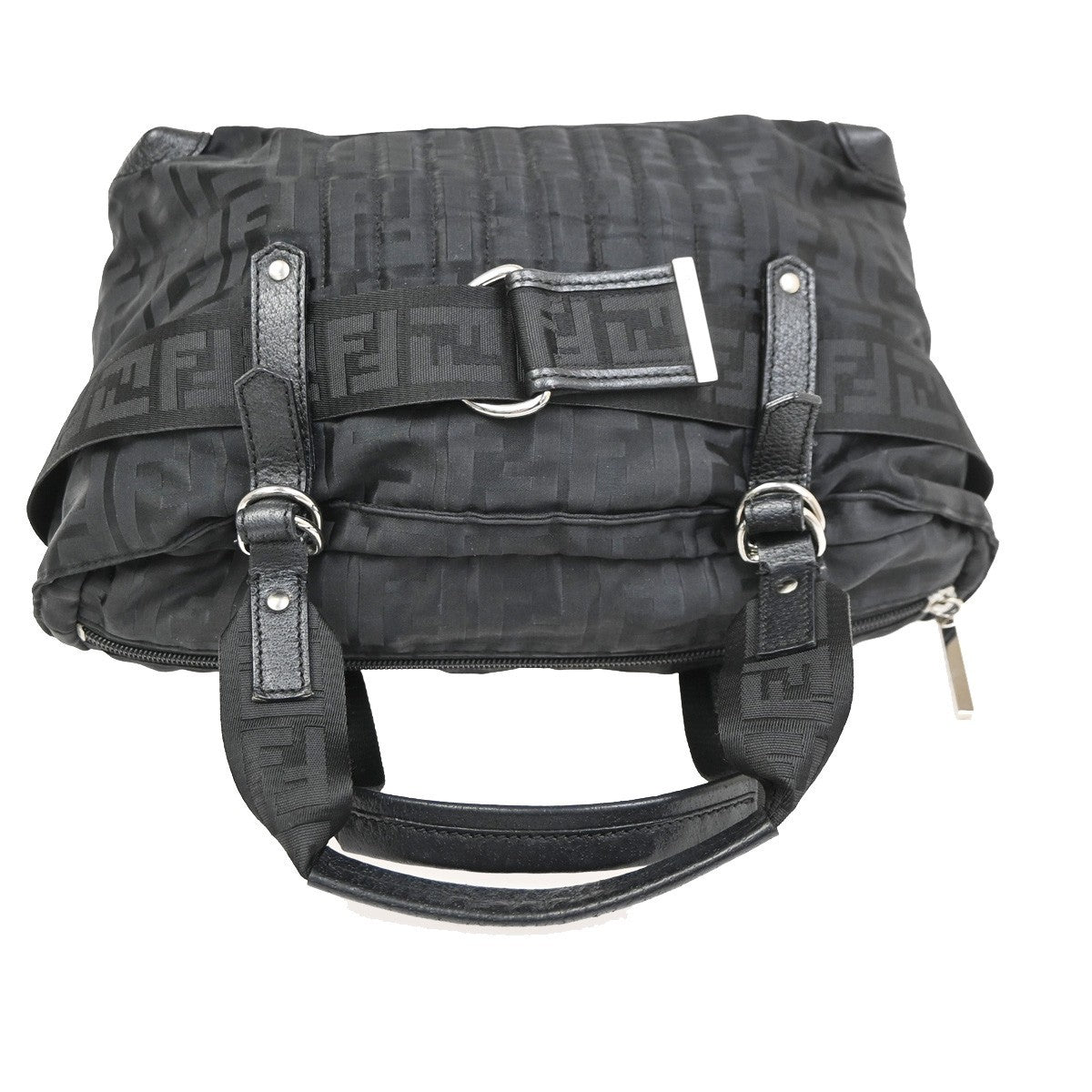 FENDI Logo Zucca Pattern Hand Bag Canvas Leather Brown Black SHW 87CA961