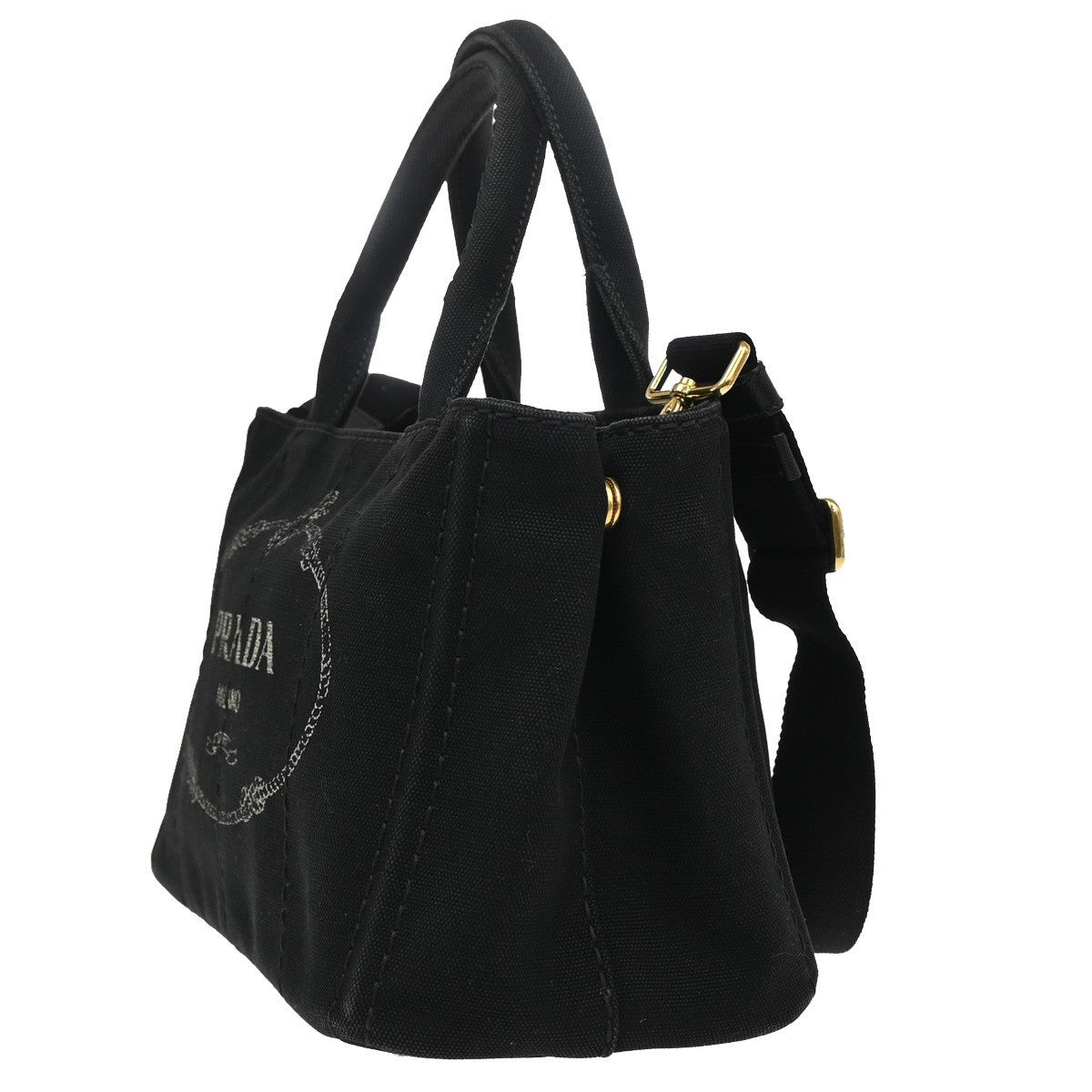 PRADA Logo Canapa 2Way Shoulder Hand Bag Canvas Leather Black GHW 77KB733