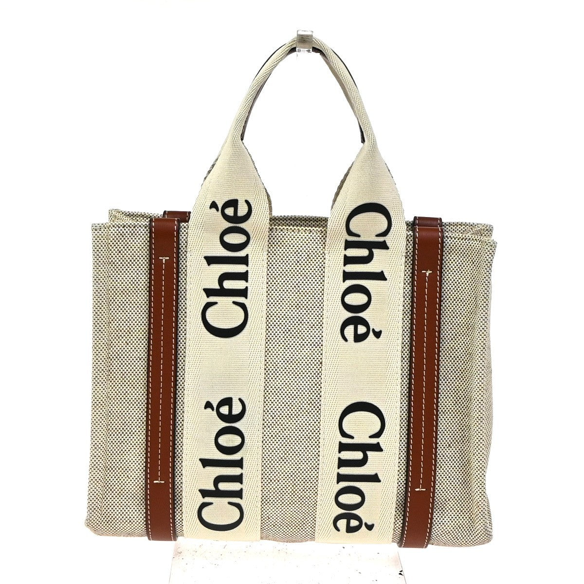 CHLOE Logo Woody Small Hand Tote Bag Canvas Leather Beige Brown Italy 77RQ021