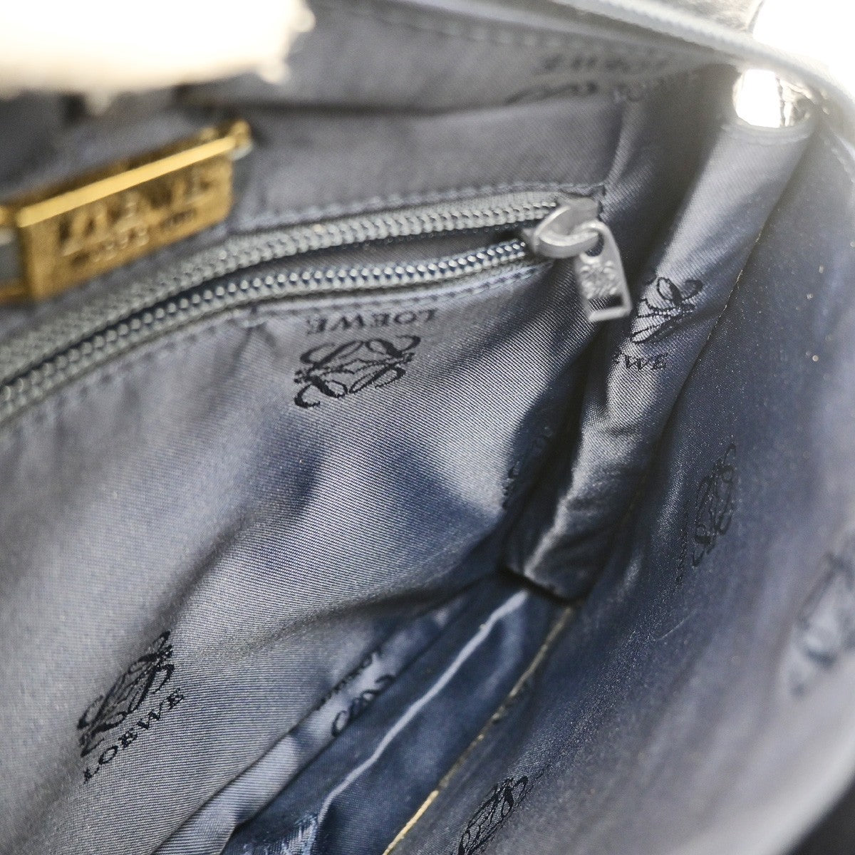 LOEWE Logo Anagram Shoulder Hand Bag Leather Navy Blue GHW Spain 66YJ270