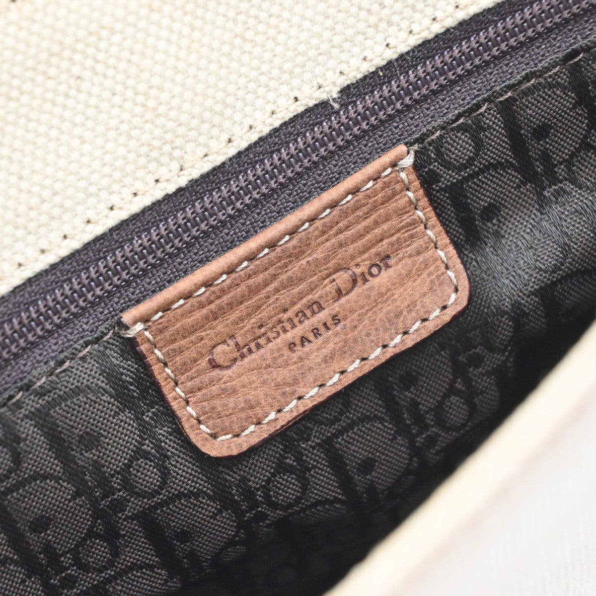 CHRISTIAN DIOR CD Logo Saddle Shoulder Bag Canvas Leather Beige GHW 50CA986