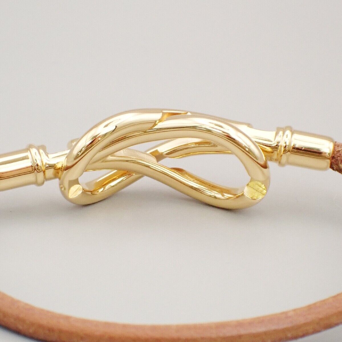 HERMES Logo Jumbo Hook Bracelet Leather Brown Gold Accessory 04ED436