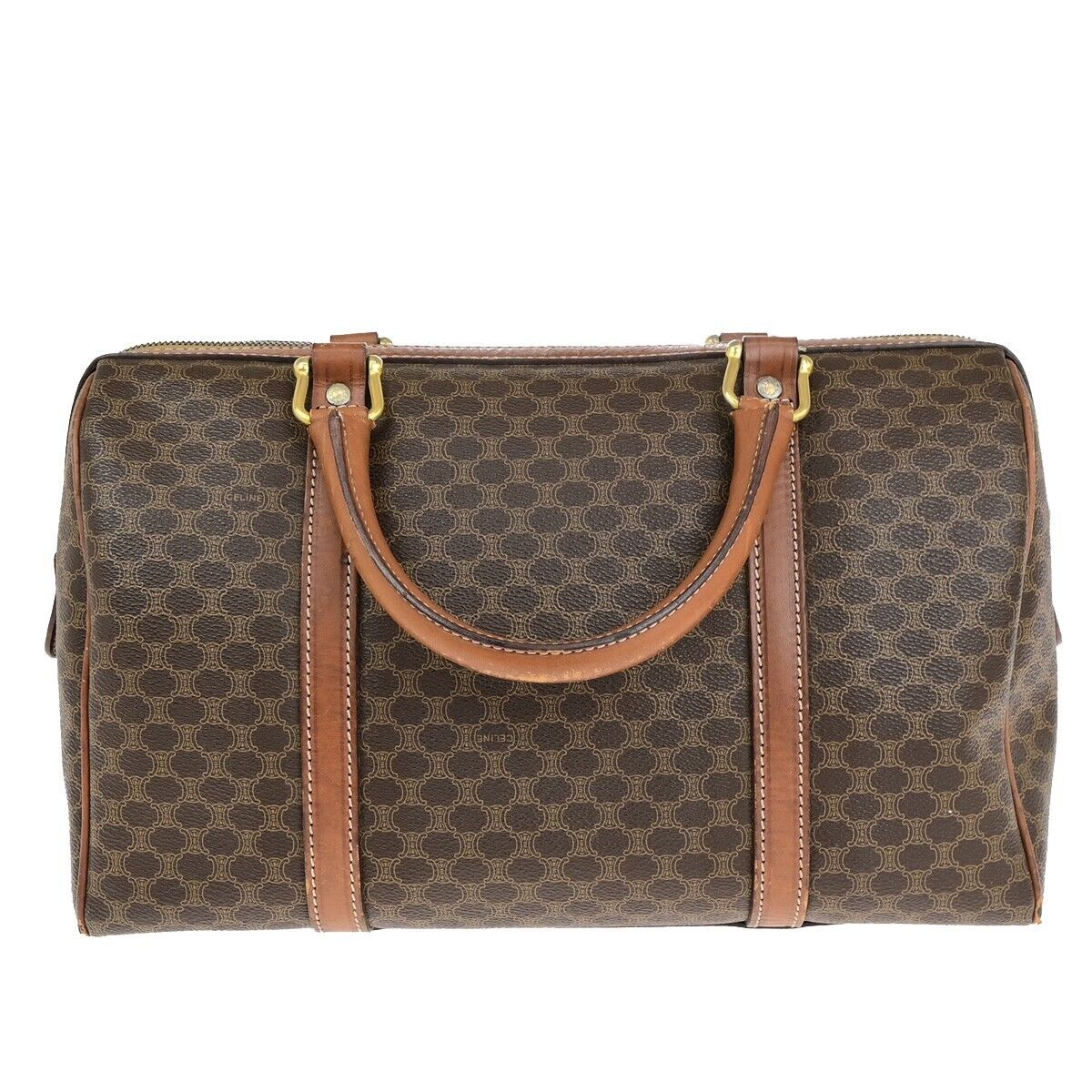CELINE Macadam Pattern Travel Hand Bag PVC Leather Brown Gold Italy 05ED370