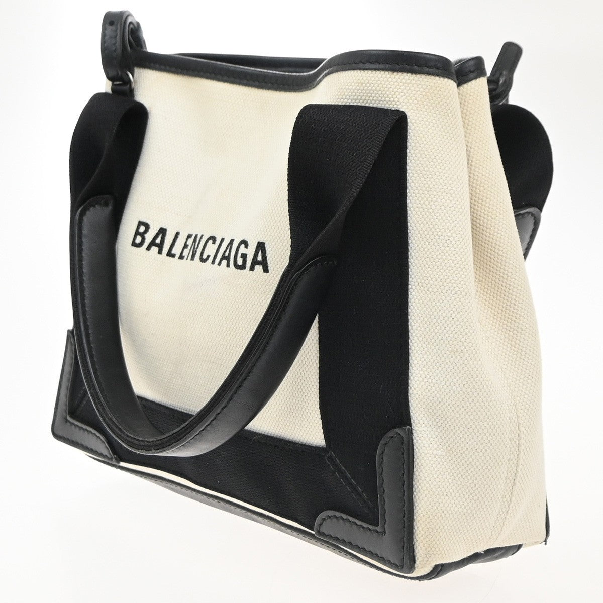 BALENCIAGA Navy Cabas XS 2Way Shoulder Hand Bag Canvas Leather White 39KP327