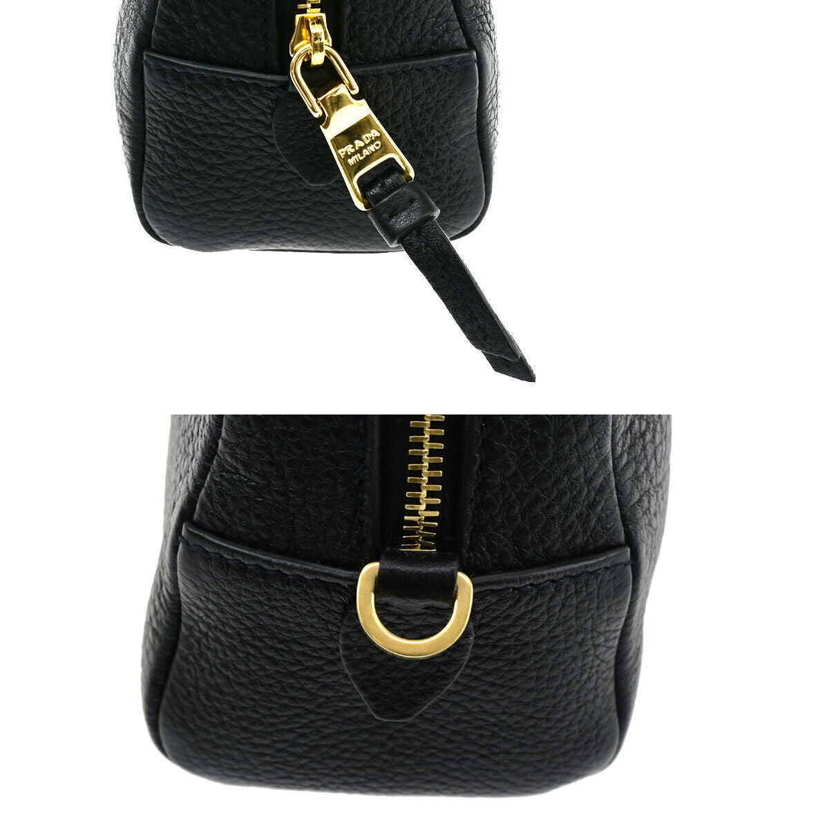 PRADA Logo Cosmetic Pouch VITTELO DAINO Leather Black GHW 32SJ082