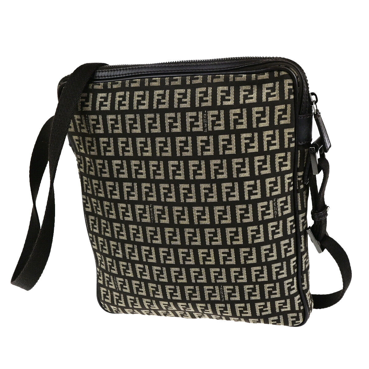 FENDI Logo Zucchino Pattern Shoulder Bag Canvas Leather Brown SHW Italy 87SJ495