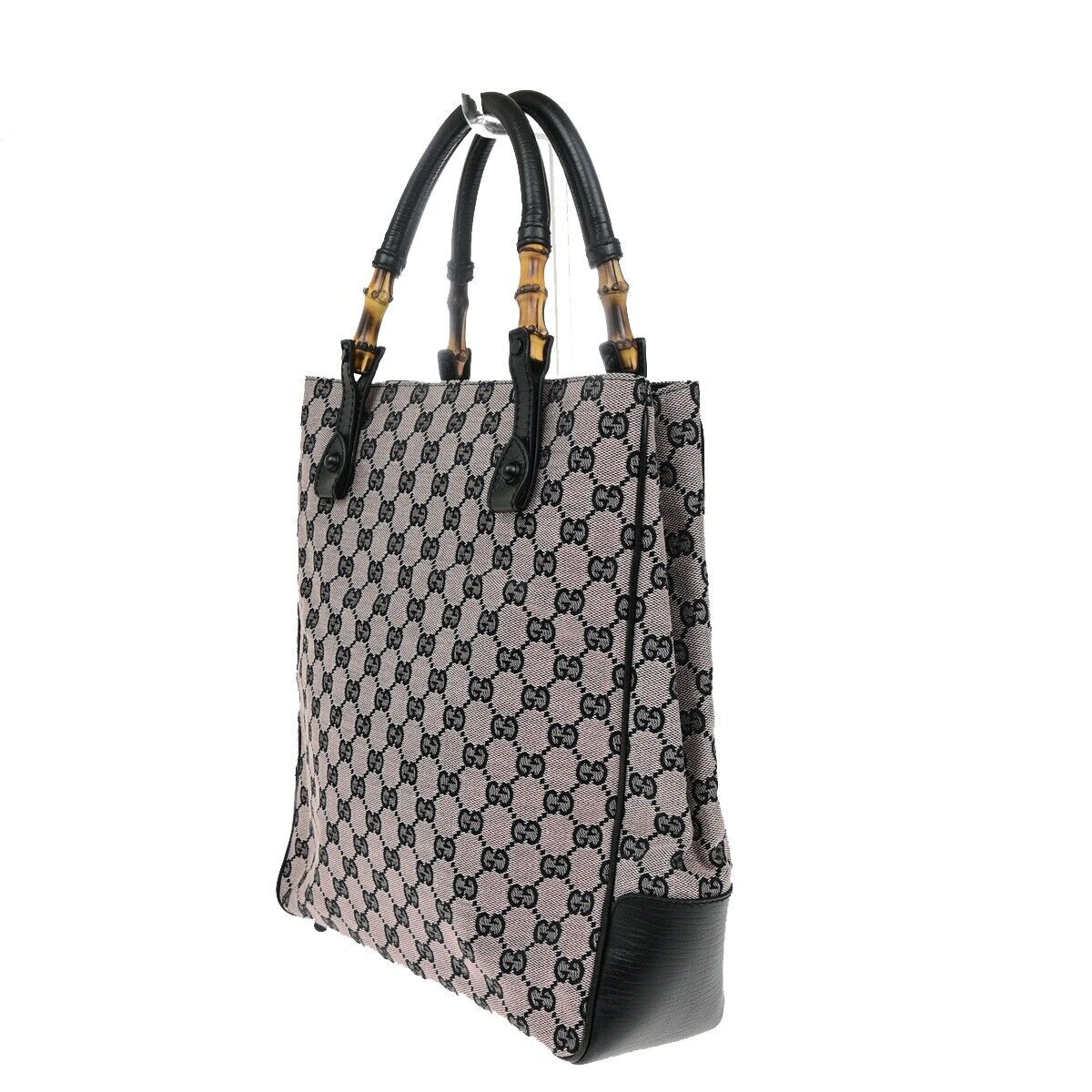 GUCCI Logo Bamboo GG Pattern Shoulder Bag Canvas Leather Pink Black 36EE063
