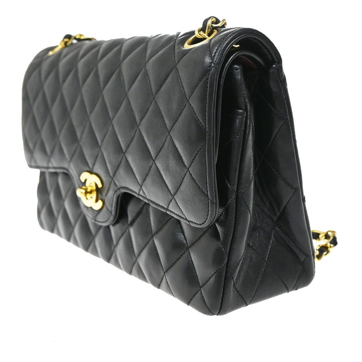 CHANEL CC Matelasse 25 Double Flap Chain Shoulder Bag Leather Black GHW 357RL460