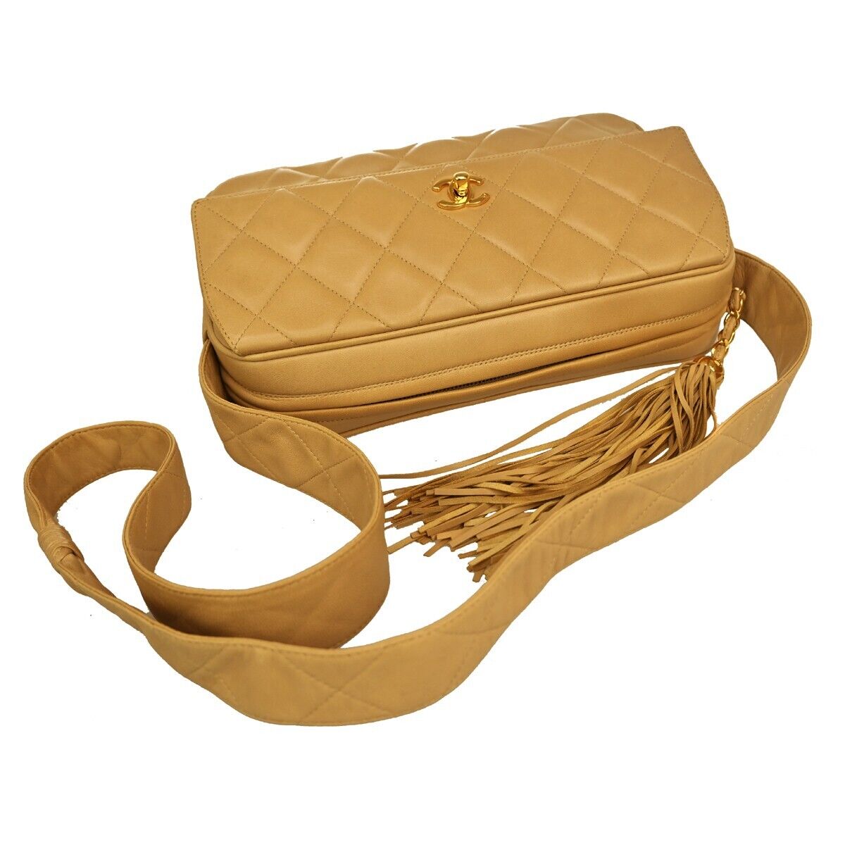 CHANEL CC Logo Matelasse Fringe Shoulder Bag Leather Beige GHW Vintage 617RH359