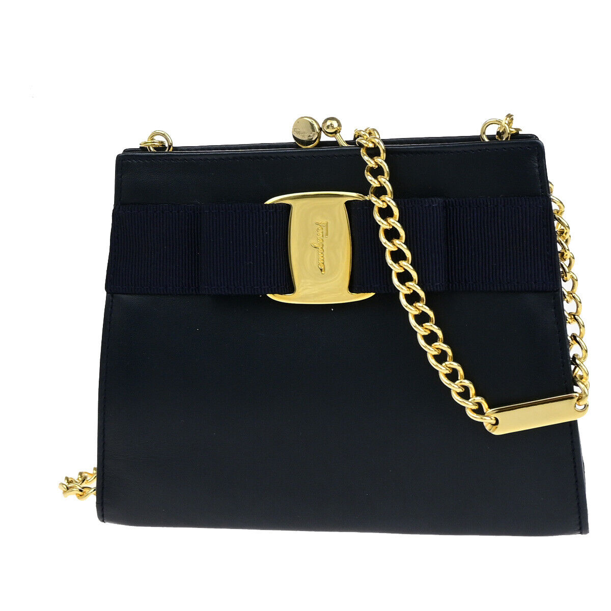 SALVATORE FERRAGAMO Vara Mini Chain Shoulder Bag Leather Navy Blue GHW 69YF494