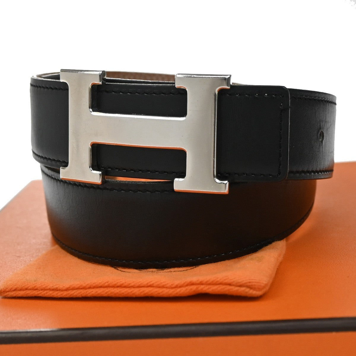 HERMES H Logo Constance Reversible Buckle Belt #75 Leather Black Silver 84RL373
