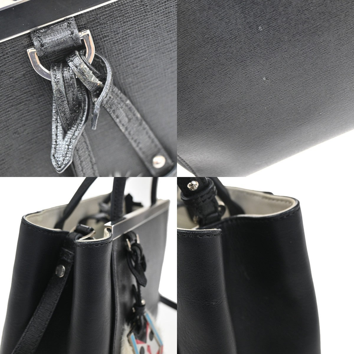 FENDI Logo Petit 2Jours 2Way Hand Bag Leather Monster Charm Black SHW 31YH824