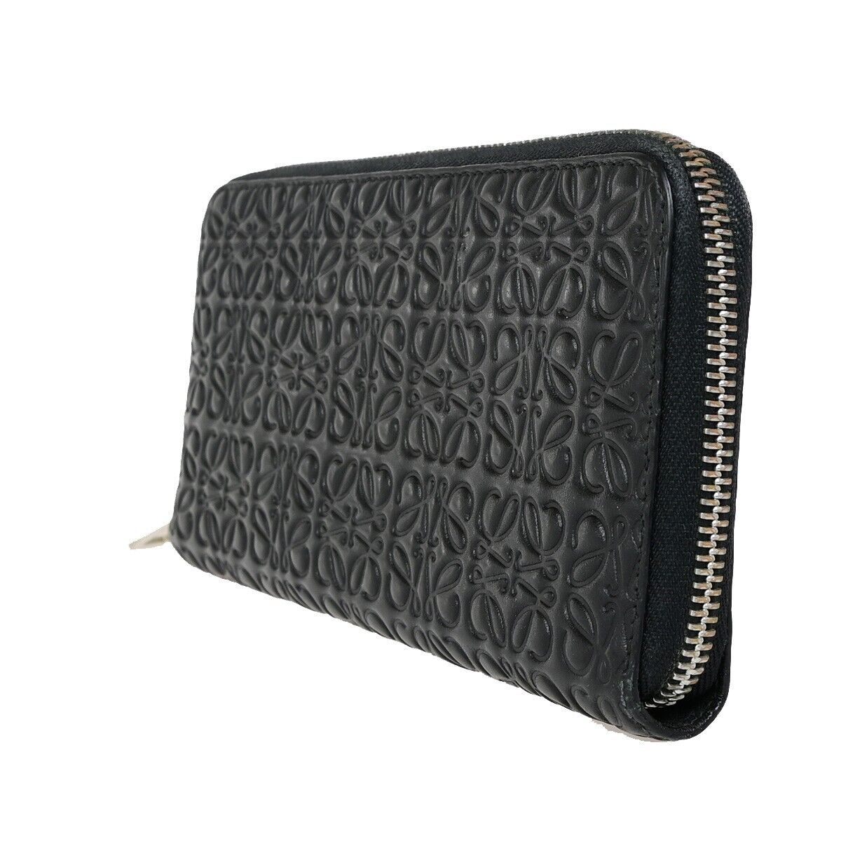 LOEWE Logo Anagram Long Zipper Wallet Embossed Leather Black Spain 69FB177