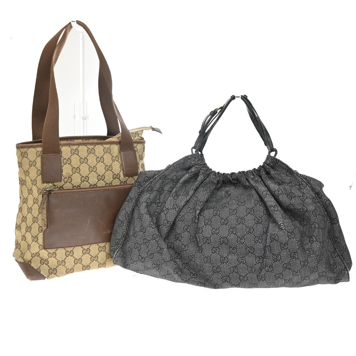 GUCCI Logo GG Pattern 2set Hand Bag Canvas Leather Brown Black 67EG129