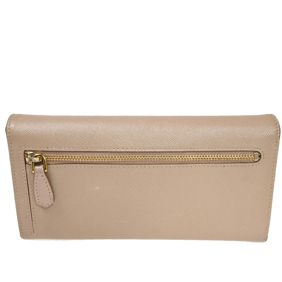 PRADA Logo Saffiano Long Bifold Wallet Purse Leather Beige Gold Italy 05SH556