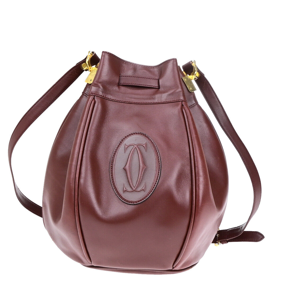 MUST DE CARTIER 2C Logo Drawstring Shoulder Bag Leather Bordeaux GHW 67YF121