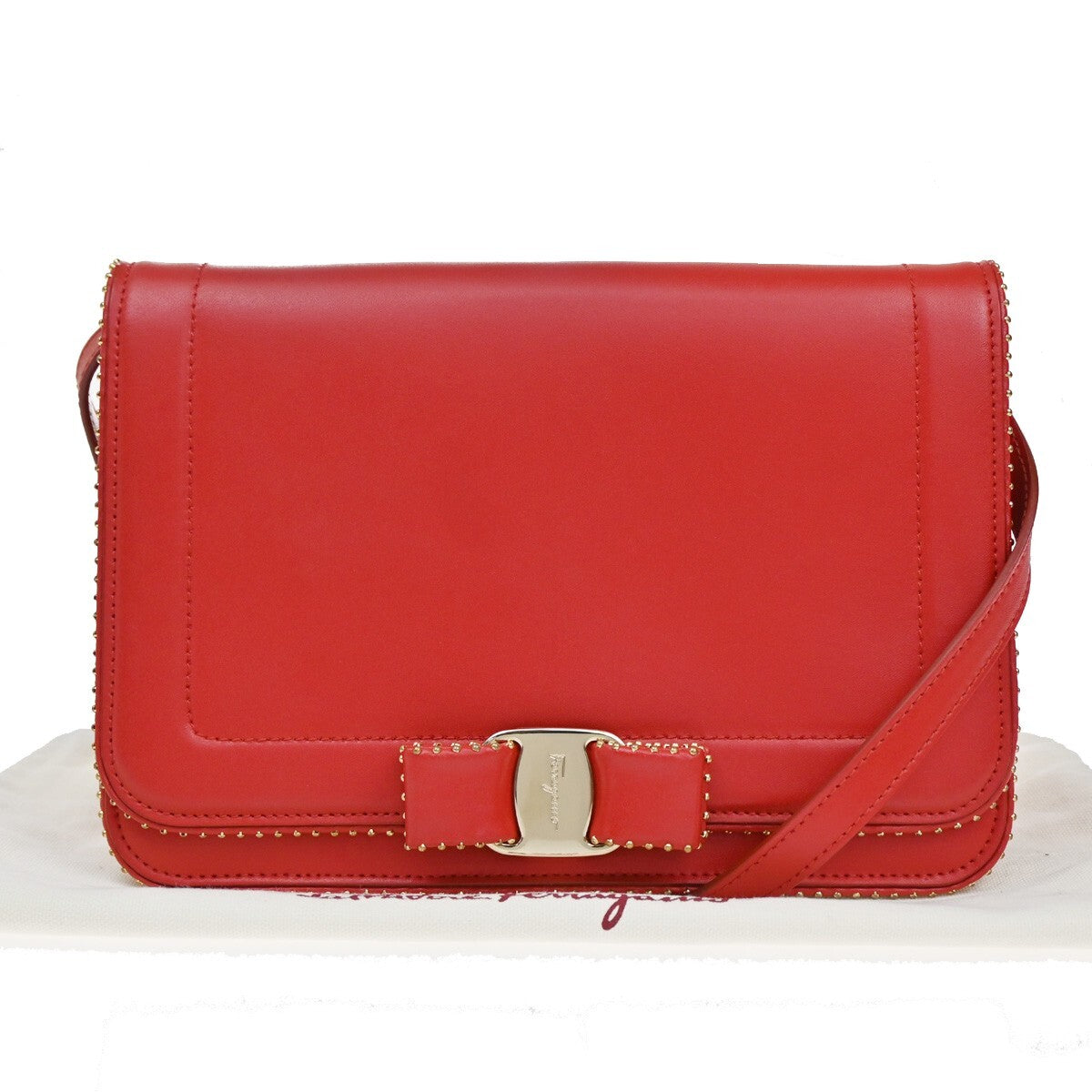 SALVATORE FERRAGAMO Vara Studs 2Way Shoulder Clutch Hand Bag Leather Red 88EE395