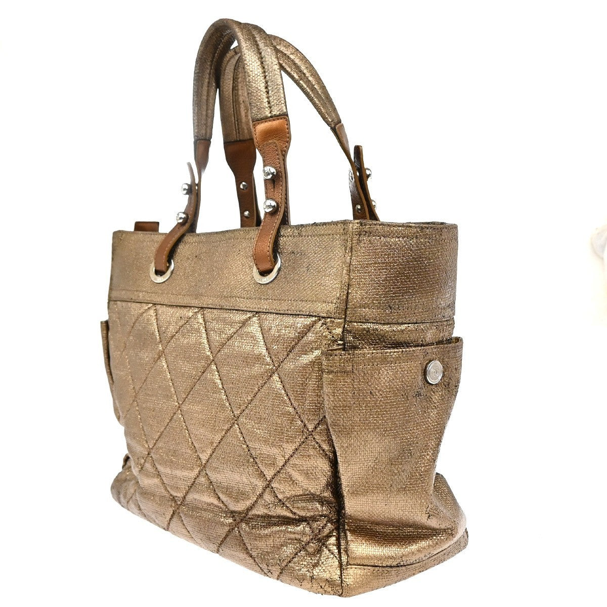 CHANEL CC Paris Biarritz Shoulder Bag Coating Canvas Leather Bronze 603RF988