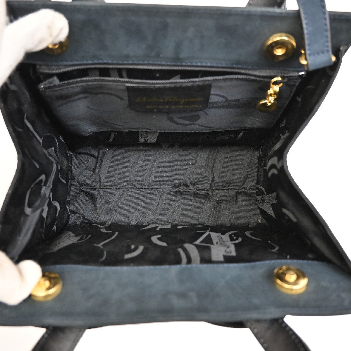 SALVATORE FERRAGAMO Vara 2Way Shouldr Hand Bag Suede Leather Navy Blue 36RF460
