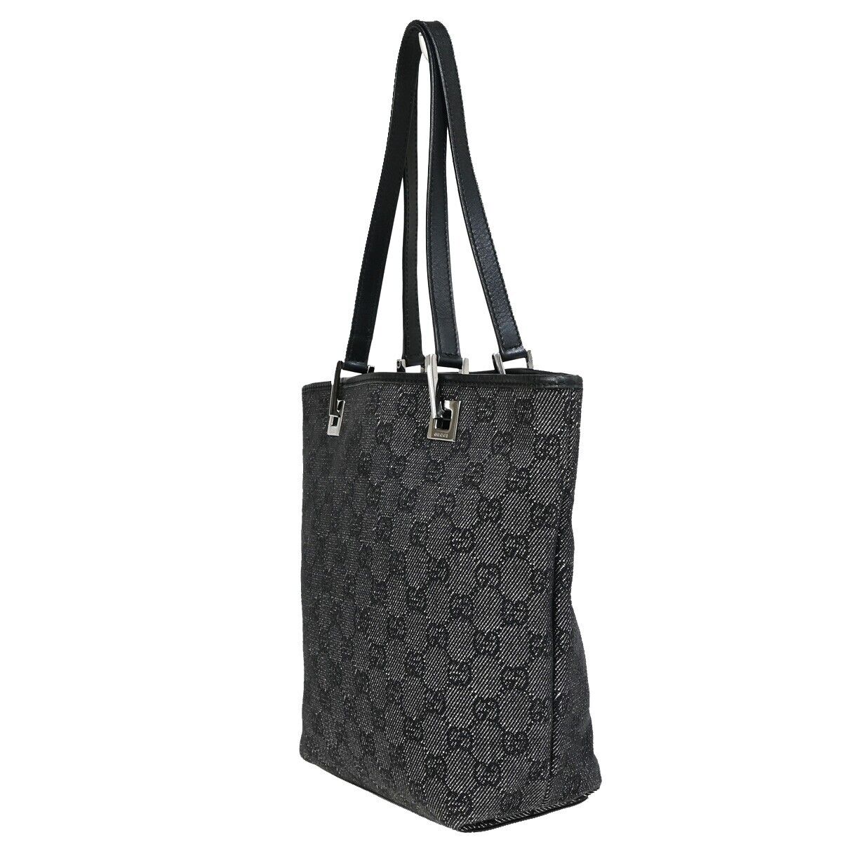 GUCCI GG Pattern Hand Tote Bag Canvas Leather Black Silver Italy 30EB786