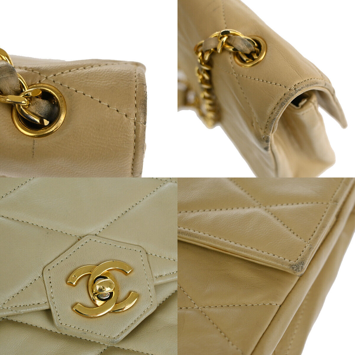 CHANEL CC Matelasse 23 Chain Shoulder Bag Leather Beige GHW Vintage 695RJ532