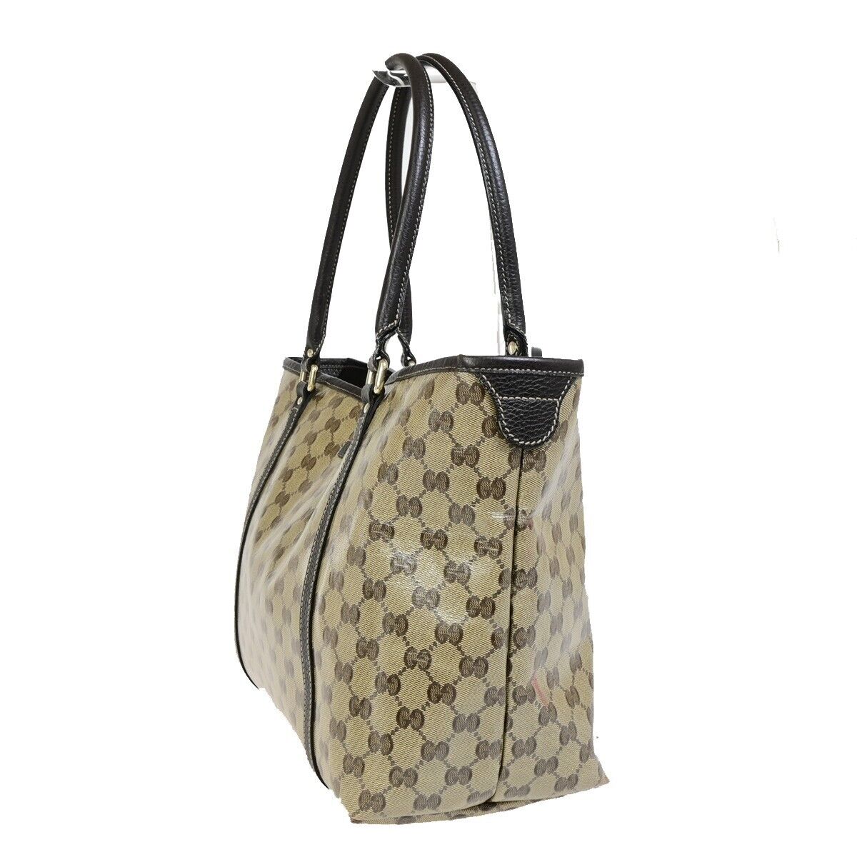 GUCCI GG Canvas Crystal Tote Shoulder Bag Coating Leather Brown Italy 34FB073