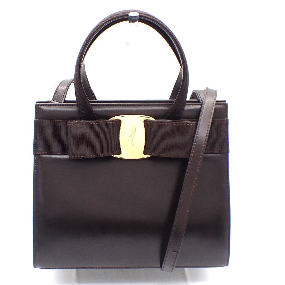 SALVATORE FERRAGAMO Logo Vara 2Way Hand Bag Canvas Leather Brown Gold 33AA167