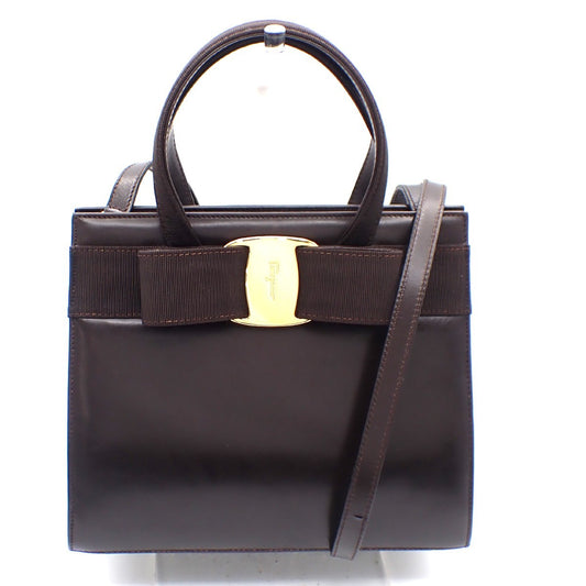 SALVATORE FERRAGAMO Logo Vara 2Way Hand Bag Canvas Leather Brown Gold 33AA167