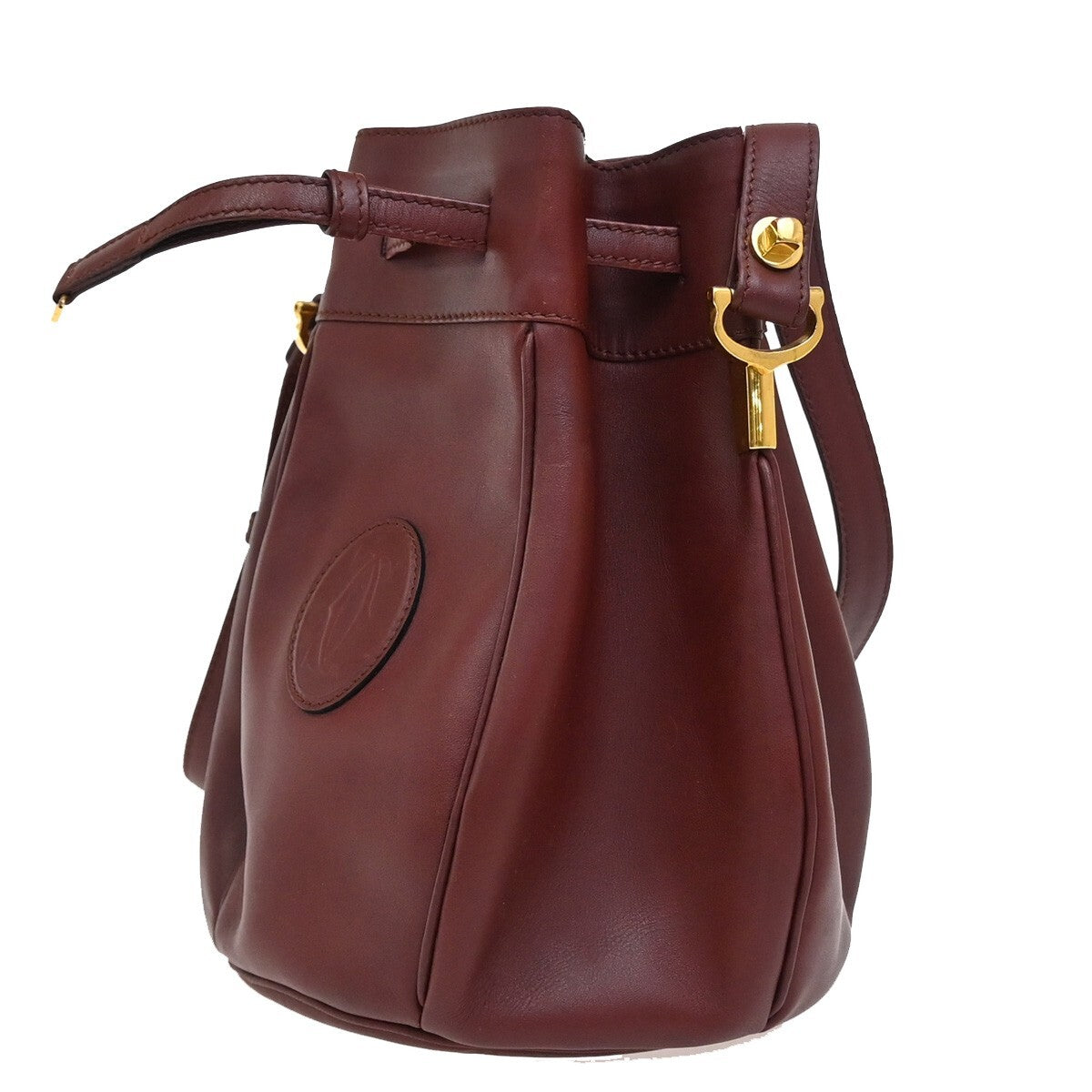 MUST DE CARTIER 2C Logo Drawstring Shoulder Bag Leather Red Gold 38EE280