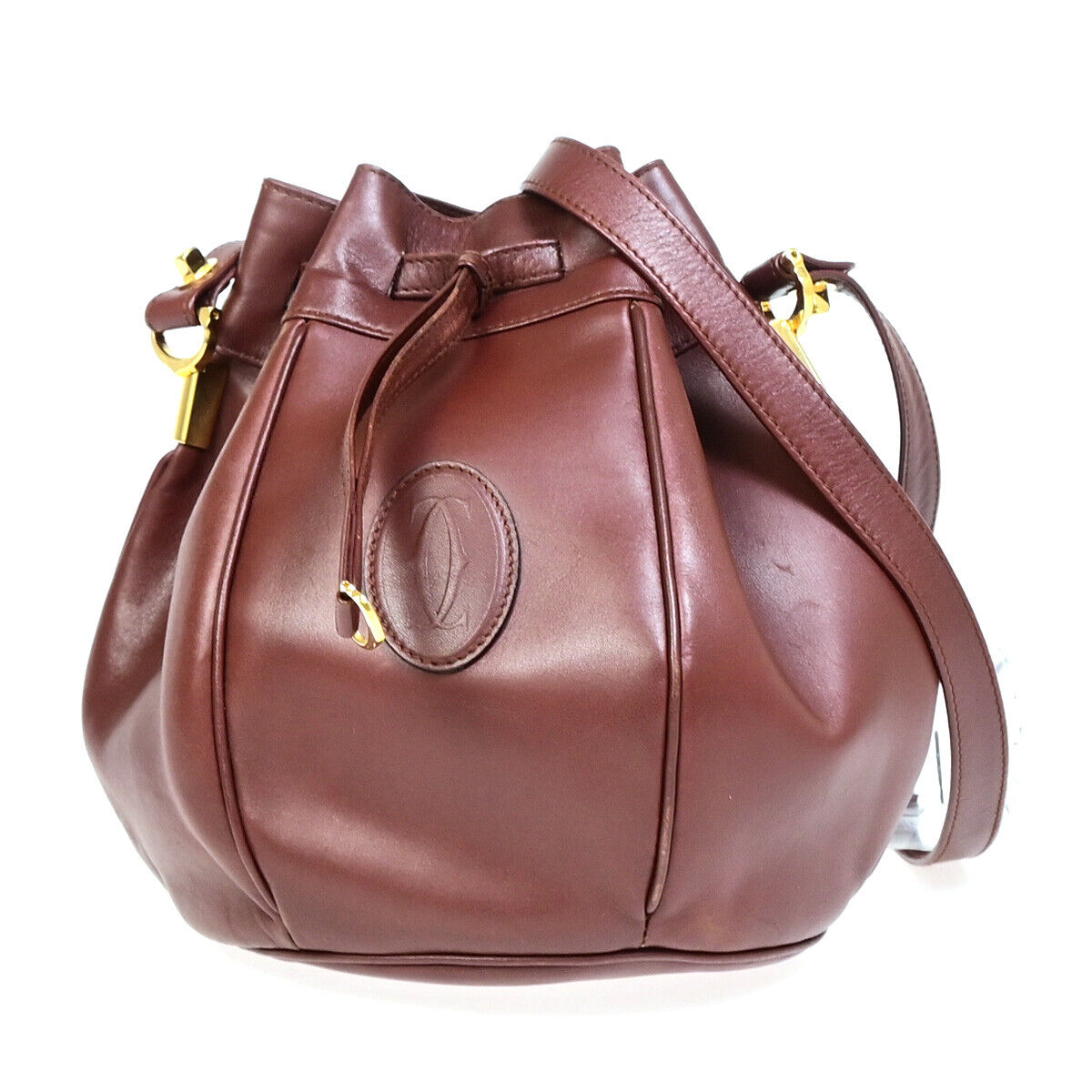 MUST DE CARTIER 2C Logo Drawstring Shoulder Bag Leather Bordeaux GHW 64YE754