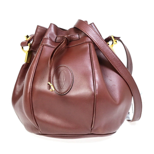 MUST DE CARTIER 2C Logo Drawstring Shoulder Bag Leather Bordeaux GHW 64YE754